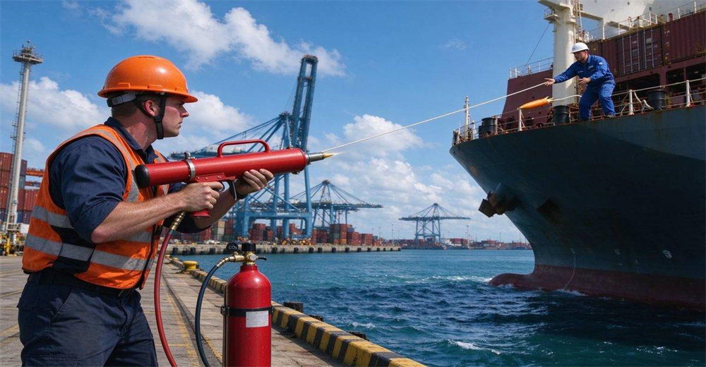 Ship docking rope transfer using pneumatic line thrower, marine flood rescue operation with handheld launcher deploying mooring line between vessels at sea Ship docking rope transfer using pneumatic line thrower, marine flood rescue operation with handheld launcher deploying mooring line between vessels at sea