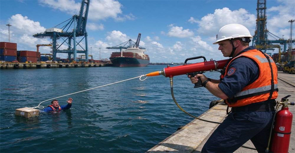 Port harbor rescue operation using pneumatic line thrower, maritime flood rescue with long range launcher deployed from large vessel docking in coastal harbor Port harbor rescue operation using pneumatic line thrower, maritime flood rescue with long range launcher deployed from large vessel docking in coastal harbor