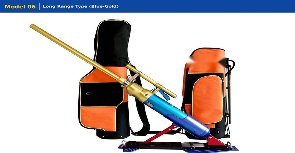 Long-range pneumatic line thrower in blue and gold finish on white background, tripod mounted high pressure rescue rope launcher with orange carry bags product photo Long-range pneumatic line thrower in blue and gold finish on white background, tripod mounted high pressure rescue rope launcher with orange carry bags product photo