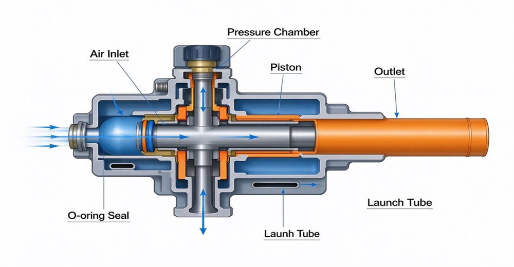 Cutaway diagram of pneumatic line thrower valve and chamber showing internal CO2 gas flow mechanism, technical illustration of compressed air rescue launcher system Cutaway diagram of pneumatic line thrower valve and chamber showing internal CO2 gas flow mechanism, technical illustration of compressed air rescue launcher system