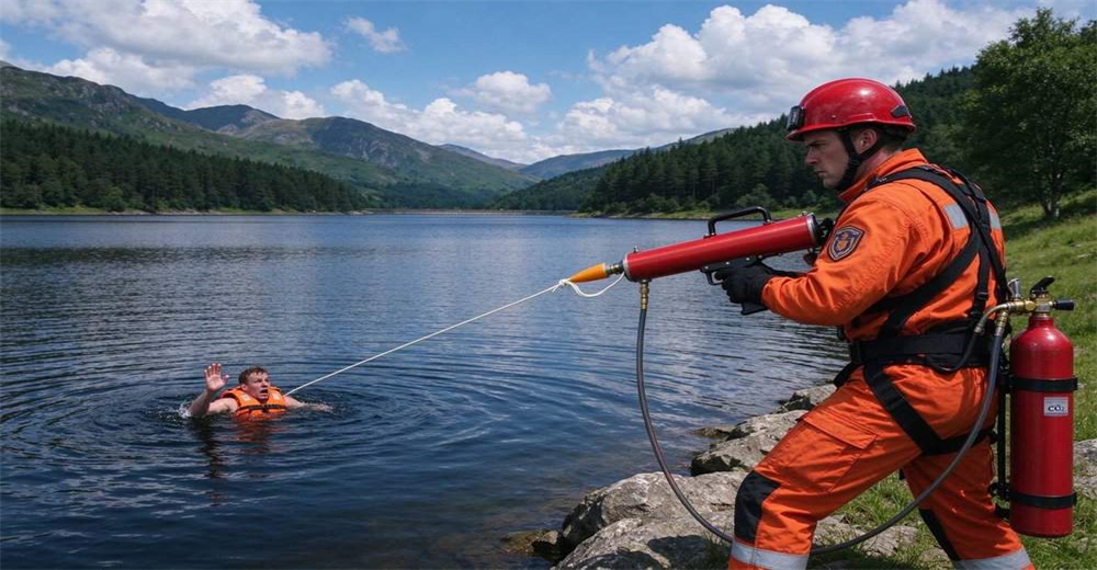 Lake reservoir rescue with long-range pneumatic line thrower, flood rescue operation with handheld launcher deployed across open water reservoir to stranded victim Lake reservoir rescue with long-range pneumatic line thrower, flood rescue operation with handheld launcher deployed across open water reservoir to stranded victim