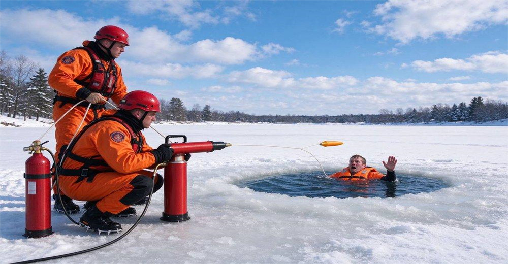 Ice rescue scene with team using pneumatic line thrower across frozen lake, victim stranded on thin ice rescue team deploying rope from safe distance long range Ice rescue scene with team using pneumatic line thrower across frozen lake, victim stranded on thin ice rescue team deploying rope from safe distance long range
