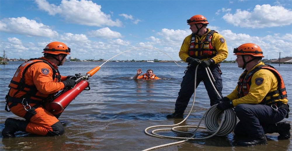Three-person rescue team operating pneumatic line thrower for flood disaster rescue, Korean style launcher deployed during severe flooding with victim in deep water Three-person rescue team operating pneumatic line thrower for flood disaster rescue, Korean style launcher deployed during severe flooding with victim in deep water