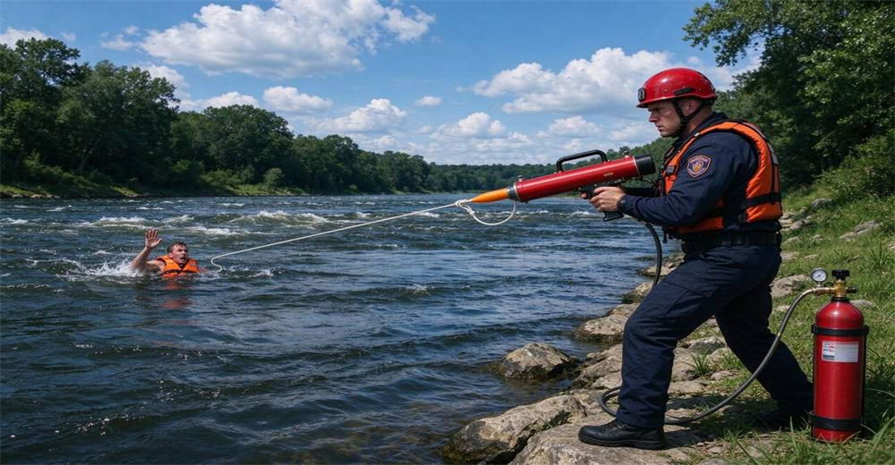Night water rescue with spotlight illuminating victim, pneumatic line thrower deployed during dark water flood rescue operation with long range high pressure launcher Night water rescue with spotlight illuminating victim, pneumatic line thrower deployed during dark water flood rescue operation with long range high pressure launcher
