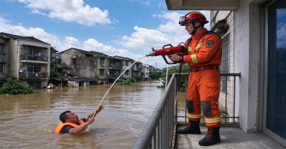 Flood urban rooftop rescue, pneumatic line thrower firing rope to stranded victim on building rooftop during severe urban flood disaster deep water rescue operation Flood urban rooftop rescue, pneumatic line thrower firing rope to stranded victim on building rooftop during severe urban flood disaster deep water rescue operation