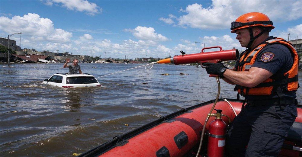 Urban flood rescue with SUV stranded in deep water, rescue team deploying Korean-style pneumatic line thrower from rooftop to victim trapped on vehicle during flood disaster Urban flood rescue with SUV stranded in deep water, rescue team deploying Korean-style pneumatic line thrower from rooftop to victim trapped on vehicle during flood disaster