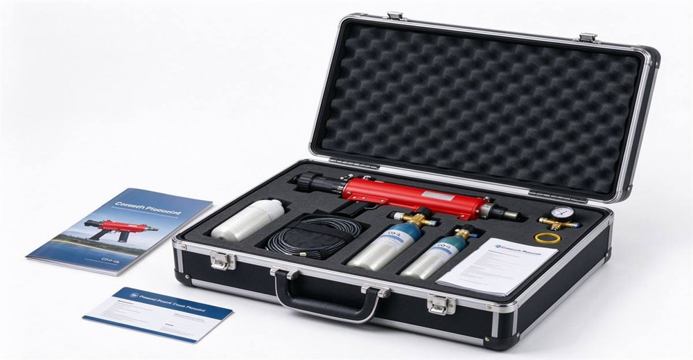 Pneumatic line thrower kit open in hard flight case ready for order, complete wholesale product display with launcher projectiles ropes and accessories in protective transport case Pneumatic line thrower kit open in hard flight case ready for order, complete wholesale product display with launcher projectiles ropes and accessories in protective transport case