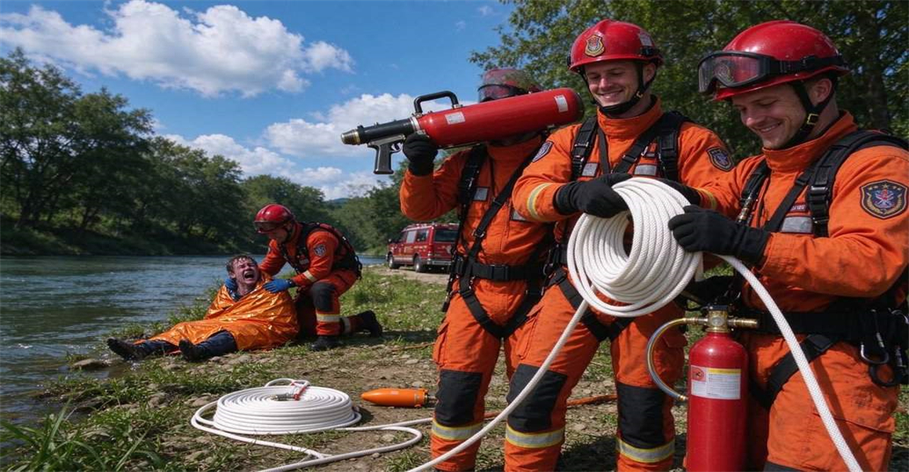 Rescue team returning after successful mission with pneumatic line thrower equipment, firefighters carrying rescue launchers back from flood water rescue operation at dusk Rescue team returning after successful mission with pneumatic line thrower equipment, firefighters carrying rescue launchers back from flood water rescue operation at dusk