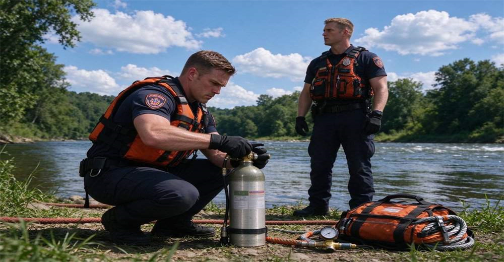 Field replacement of CO2 cylinder on pneumatic line thrower during flood rescue operation, maintenance procedure showing quick cartridge swap system for portable rescue rope launcher Field replacement of CO2 cylinder on pneumatic line thrower during flood rescue operation, maintenance procedure showing quick cartridge swap system for portable rescue rope launcher