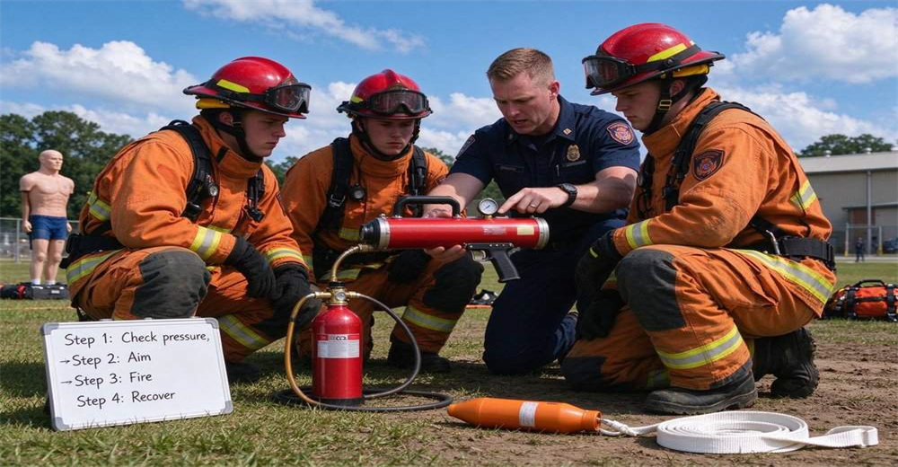 Training instruction session on pneumatic line thrower operation, instructor teaching rescue team proper handling firing technique and safety procedures for water rescue equipment Training instruction session on pneumatic line thrower operation, instructor teaching rescue team proper handling firing technique and safety procedures for water rescue equipment