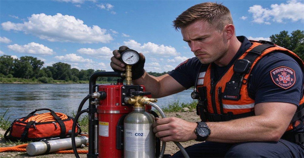Rescue operator performing pre-launch inspection on pneumatic line thrower, safety check procedure verifying pressure gauge rope condition and trigger mechanism before deployment Rescue operator performing pre-launch inspection on pneumatic line thrower, safety check procedure verifying pressure gauge rope condition and trigger mechanism before deployment