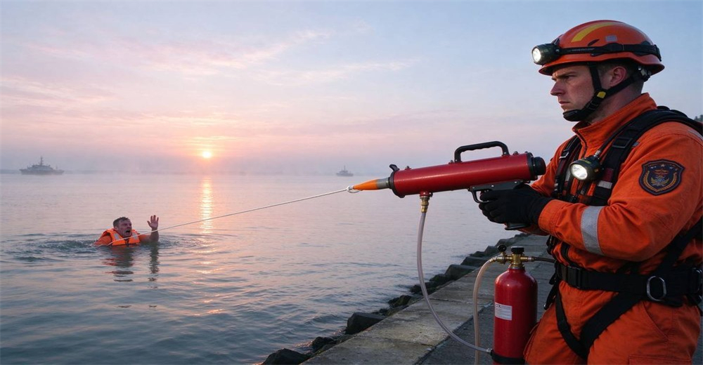 Dawn sunrise water rescue mission, rescue team deploying pneumatic line thrower along shoreline during early morning flood rescue operation with golden hour lighting atmosphere Dawn sunrise water rescue mission, rescue team deploying pneumatic line thrower along shoreline during early morning flood rescue operation with golden hour lighting atmosphere