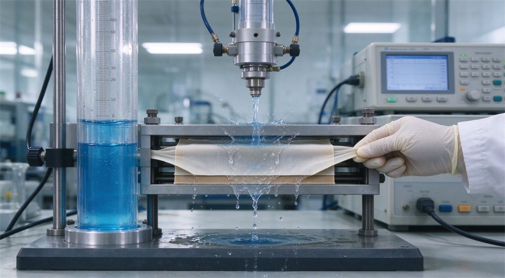 Laboratory hydrostatic pressure testing of waterproof fabric for dry rescue suits, showing quality control verification of 3-layer waterproof breathable composite fabric sealing performance Laboratory hydrostatic pressure testing of waterproof fabric for dry rescue suits, showing quality control verification of 3-layer waterproof breathable composite fabric sealing performance