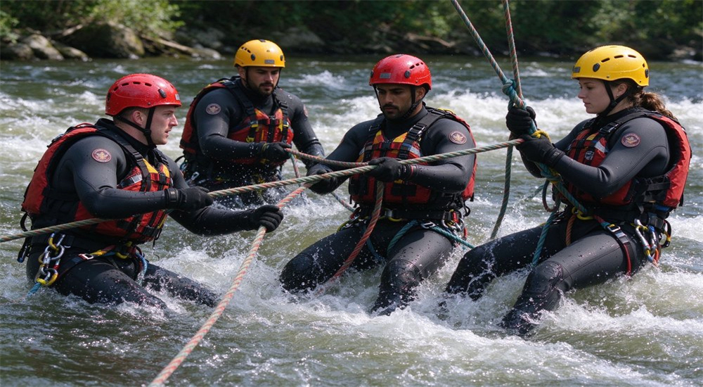 Dynamic application scene of swiftwater rescue team in 3mm neoprene wetsuits using rope rescue techniques in fast moving river current with PFD and helmets for professional water rescue Dynamic application scene of swiftwater rescue team in 3mm neoprene wetsuits using rope rescue techniques in fast moving river current with PFD and helmets for professional water rescue