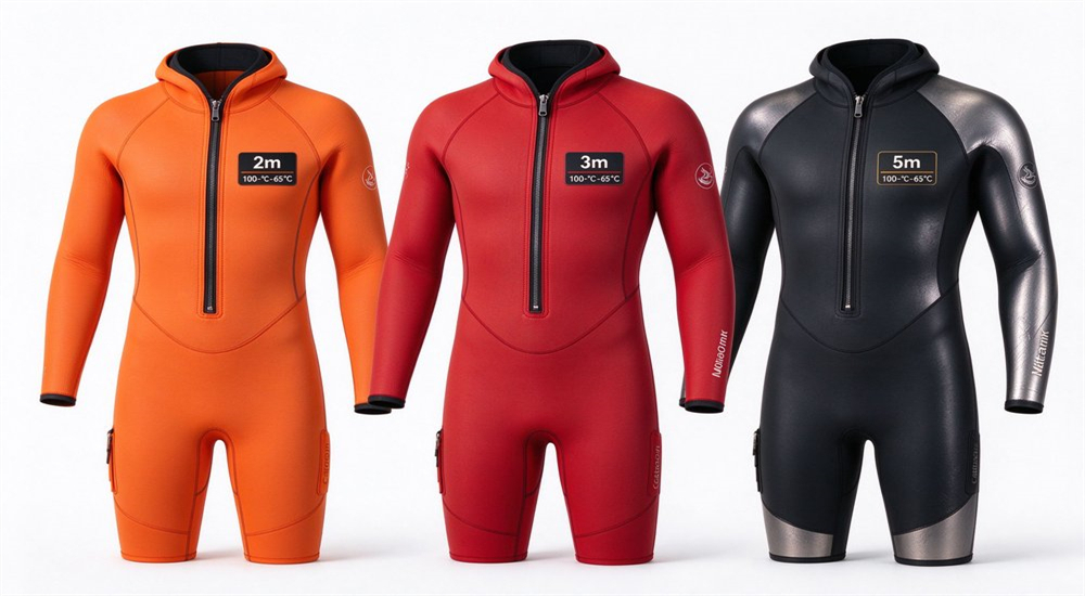 Comparison infographic showing neoprene thickness options from 3mm standard to 4mm titanium coated to 5mm heavy duty with temperature range and stretch performance indicators for wetsuit selection Comparison infographic showing neoprene thickness options from 3mm standard to 4mm titanium coated to 5mm heavy duty with temperature range and stretch performance indicators for wetsuit selection