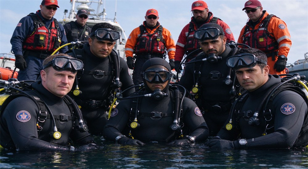 Application scene of public safety diving team in neoprene wetsuits preparing for underwater search and recovery operation with dive masks regulators and surface support personnel at water edge Application scene of public safety diving team in neoprene wetsuits preparing for underwater search and recovery operation with dive masks regulators and surface support personnel at water edge