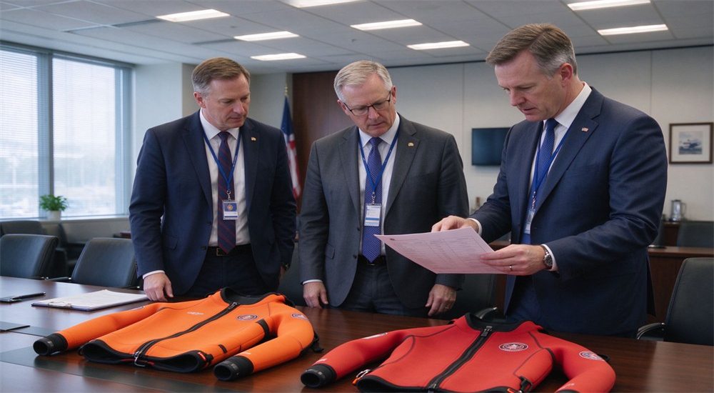 Info scene of government procurement officer reviewing wetsuit product samples and technical documentation during tender evaluation with specification sheets and test reports for institutional purchase Info scene of government procurement officer reviewing wetsuit product samples and technical documentation during tender evaluation with specification sheets and test reports for institutional purchase