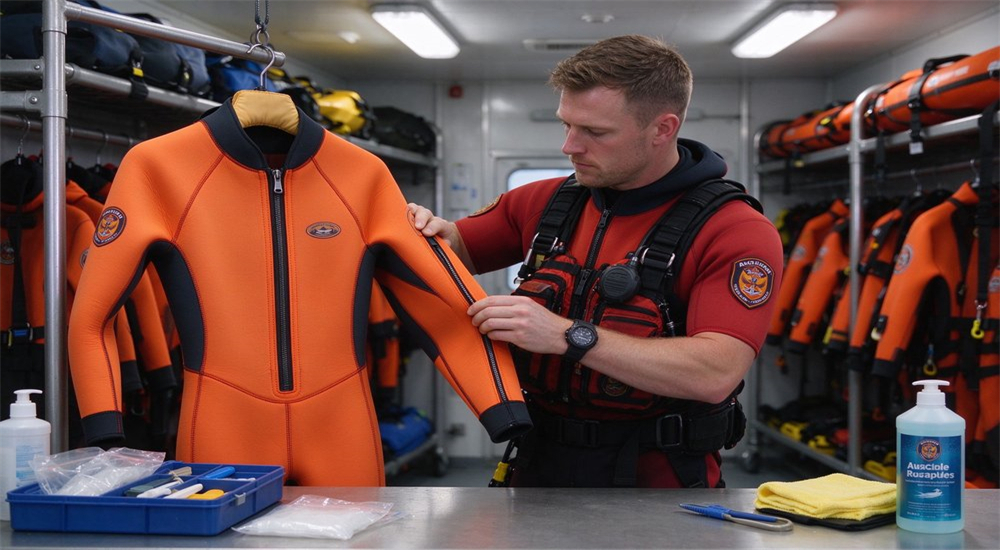 Info scene showing pre deployment inspection checklist with rescue officer examining neoprene wetsuit seams zippers closures and reflective tape before water operation for safety compliance Info scene showing pre deployment inspection checklist with rescue officer examining neoprene wetsuit seams zippers closures and reflective tape before water operation for safety compliance