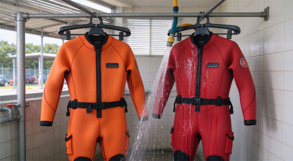 Info scene showing post use cleaning procedure for neoprene wetsuit with rescuer rinsing suit with fresh water after floodwater exposure and hanging to dry in well ventilated area for maintenance Info scene showing post use cleaning procedure for neoprene wetsuit with rescuer rinsing suit with fresh water after floodwater exposure and hanging to dry in well ventilated area for maintenance