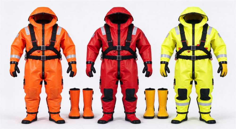Product shot of three fully sealed ice rescue immersion suits in fluorescent orange red and yellow with attached hood gloves and boots displayed on white background for bulk procurement review Product shot of three fully sealed ice rescue immersion suits in fluorescent orange red and yellow with attached hood gloves and boots displayed on white background for bulk procurement review