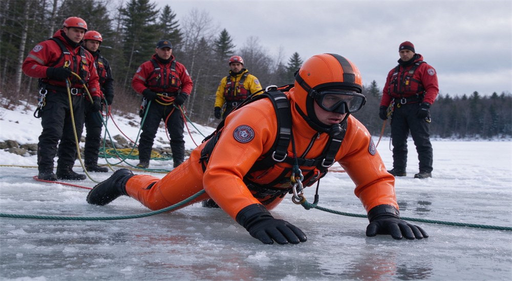 Application scene of professional ice rescuer in bright orange sealed immersion suit crawling on thin ice surface with safety rope attached to chest harness while team supports from shore on frozen winter lake Application scene of professional ice rescuer in bright orange sealed immersion suit crawling on thin ice surface with safety rope attached to chest harness while team supports from shore on frozen winter lake