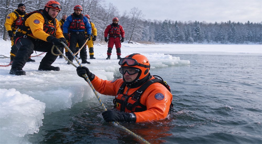 Application scene of cold water rescuer in orange immersion suit holding onto ice edge in near freezing water while team members pull safety rope on snowy winter lake shoreline Application scene of cold water rescuer in orange immersion suit holding onto ice edge in near freezing water while team members pull safety rope on snowy winter lake shoreline