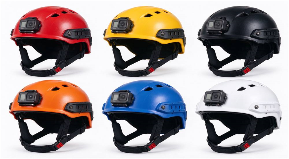 Front-angle product shot of six colorful water rescue helmets in red orange yellow blue black and white, half-shell and full-coverage tactical models with ABS shell drainage vents and side rails on white studio background Front-angle product shot of six colorful water rescue helmets in red orange yellow blue black and white, half-shell and full-coverage tactical models with ABS shell drainage vents and side rails on white studio background