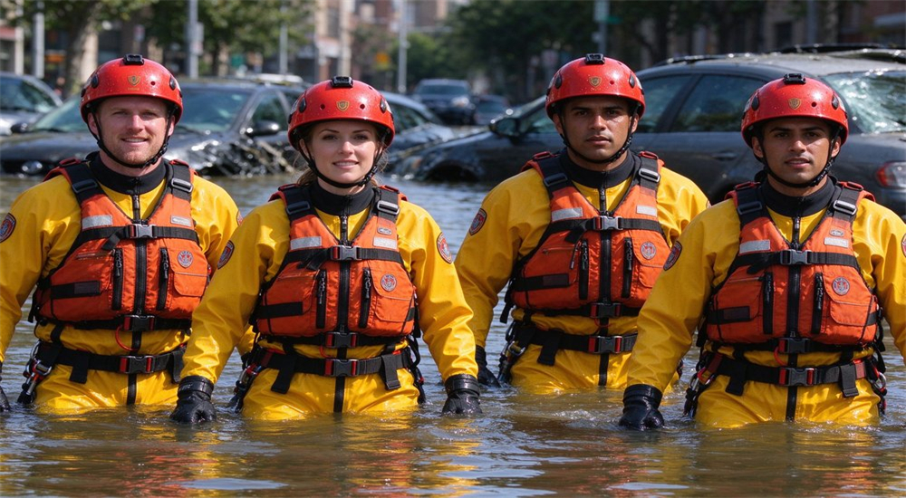 Front view of professional flood rescue team in orange life jackets and red helmets wading through urban flood water, four members with diverse faces Front view of professional flood rescue team in orange life jackets and red helmets wading through urban flood water, four members with diverse faces