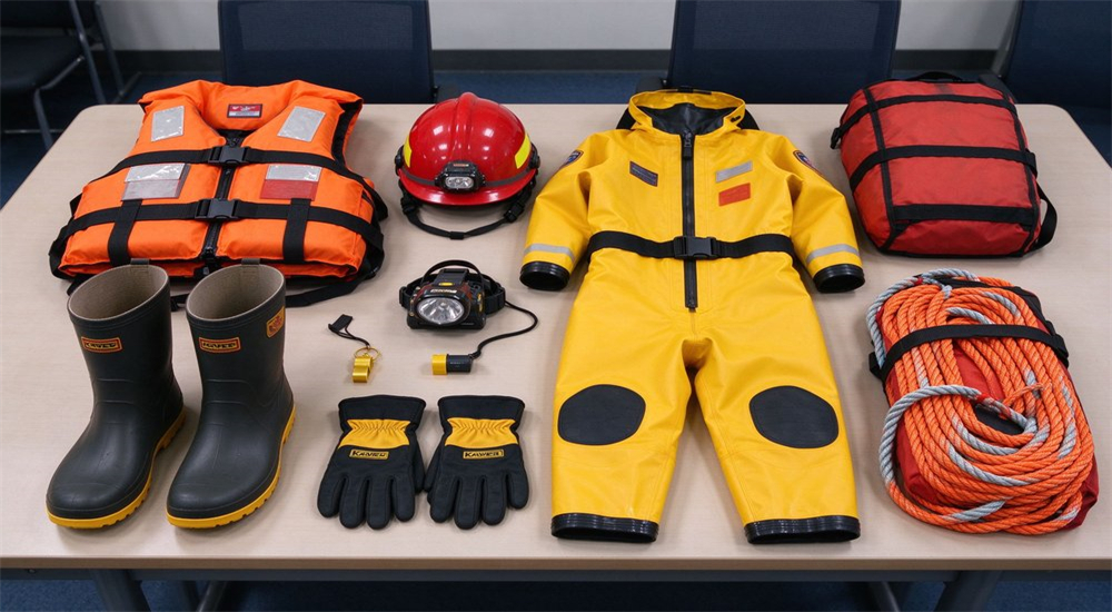 Flat lay top view of complete flood rescue gear including orange life jacket, red helmet, yellow dry suit, boots, gloves and accessories on table Flat lay top view of complete flood rescue gear including orange life jacket, red helmet, yellow dry suit, boots, gloves and accessories on table