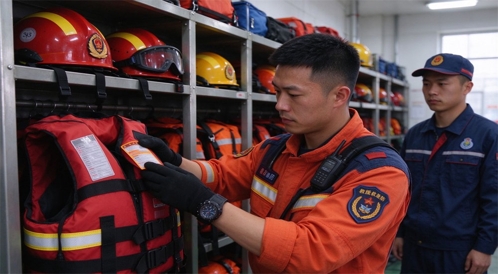 Medium shot of Asian factory worker inspecting flood rescue life jacket certification label in organized equipment room with helmet shelves Medium shot of Asian factory worker inspecting flood rescue life jacket certification label in organized equipment room with helmet shelves