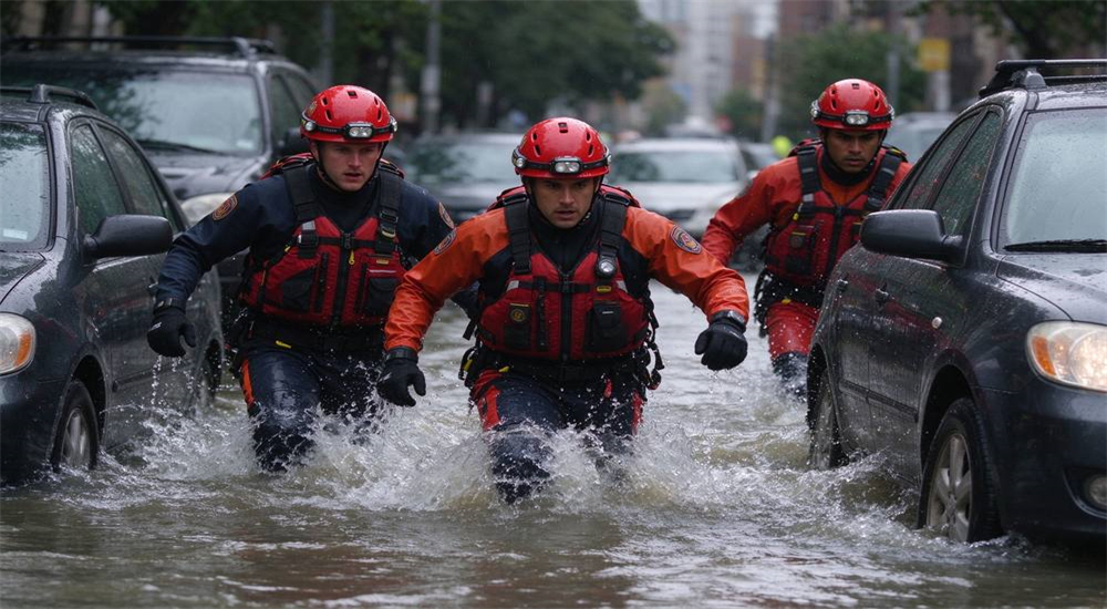 Action scene of professional swiftwater rescue team wearing red water rescue helmets and life jackets wading through urban flood water between submerged cars, Caucasian and Hispanic rescuers with distinct faces Action scene of professional swiftwater rescue team wearing red water rescue helmets and life jackets wading through urban flood water between submerged cars, Caucasian and Hispanic rescuers with distinct faces