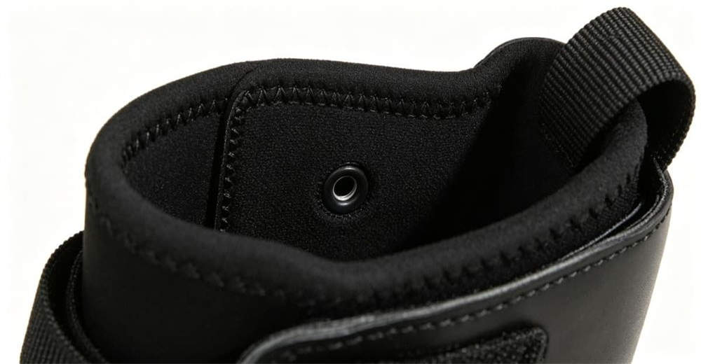 Side angle view of black leather water rescue boots showing sleek professional design and adjustable strap and lace-up closure for rescue operations Side angle view of black leather water rescue boots showing sleek professional design and adjustable strap and lace-up closure for rescue operations