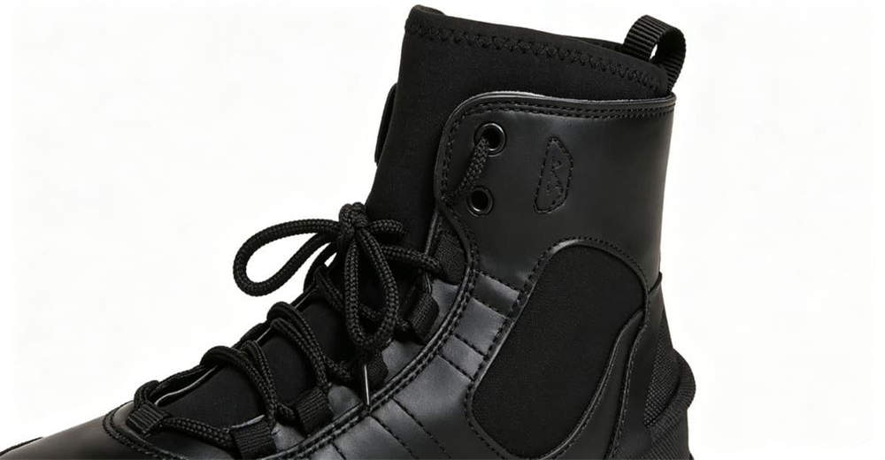 Close-up of deep lug outsole on black leather water rescue boots, designed for maximum traction on wet rocky and uneven terrain Close-up of deep lug outsole on black leather water rescue boots, designed for maximum traction on wet rocky and uneven terrain