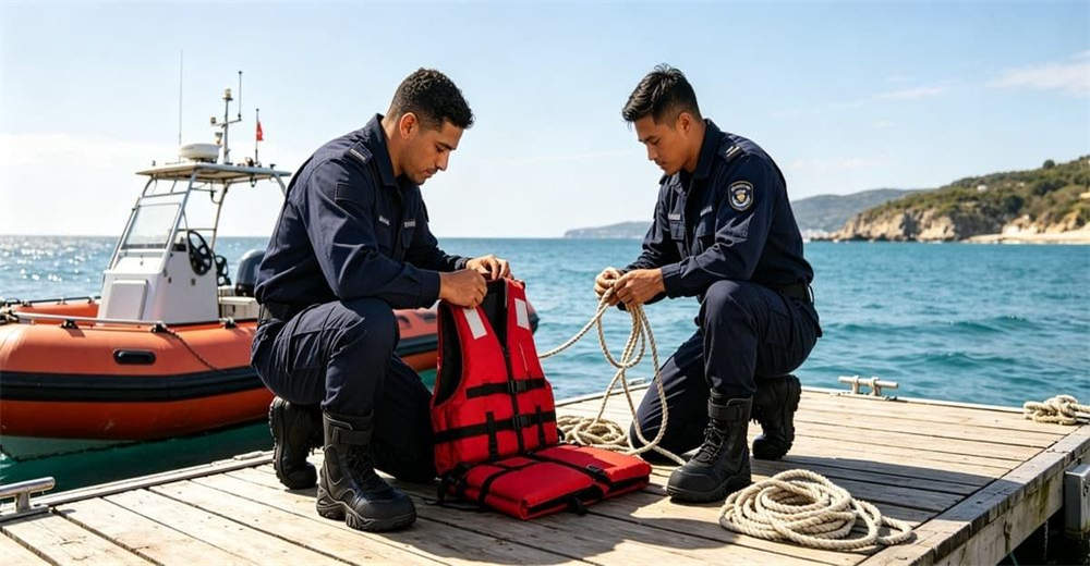 Rescue team checking emergency equipment on river bank wearing black leather water rescue boots, preparing for upcoming flood rescue operations Rescue team checking emergency equipment on river bank wearing black leather water rescue boots, preparing for upcoming flood rescue operations