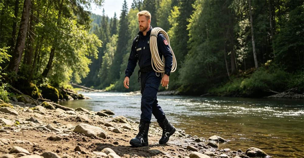 Rescue team walking along rocky river bank wearing rapid entry water rescue boots, heading to swift water rescue operation site Rescue team walking along rocky river bank wearing rapid entry water rescue boots, heading to swift water rescue operation site