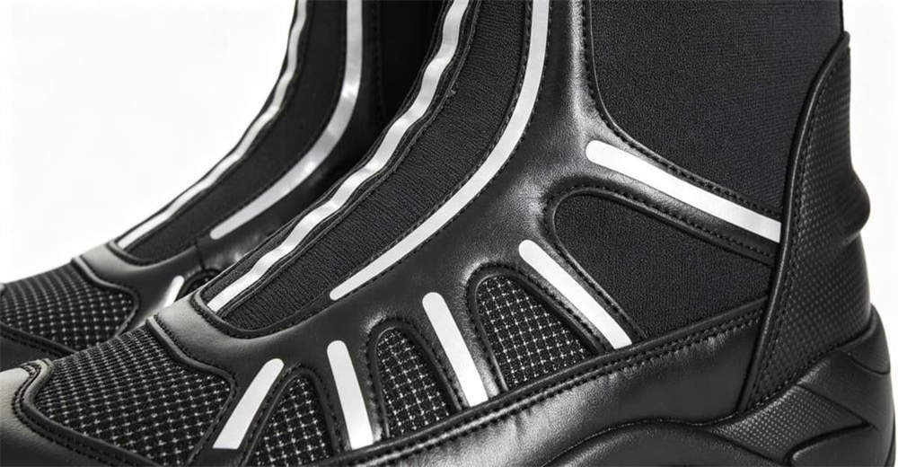 Close-up of feet in high visibility water rescue boots walking in shallow river water, showing quick drainage and non-slip outsole design Close-up of feet in high visibility water rescue boots walking in shallow river water, showing quick drainage and non-slip outsole design