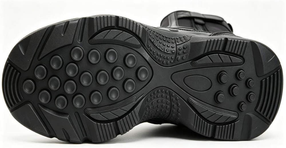 Close-up of deep lug outsole on high visibility water rescue boots, designed for maximum traction on wet rocky and uneven terrain Close-up of deep lug outsole on high visibility water rescue boots, designed for maximum traction on wet rocky and uneven terrain