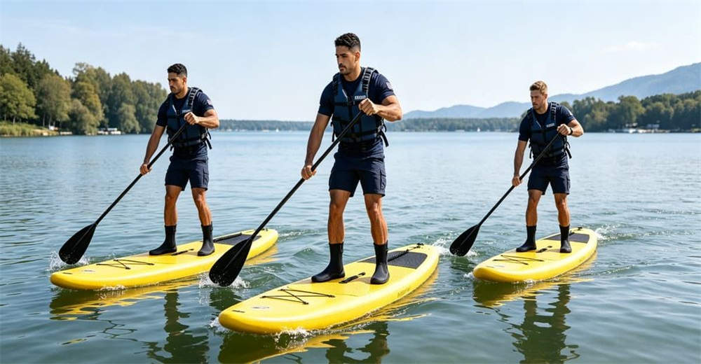 Rescue team training on river shore wearing neoprene wading boots, practicing swift water rescue techniques and readiness for professional rescue teams worldwide. Rescue team training on river shore wearing neoprene wading boots, practicing swift water rescue techniques and readiness for professional rescue teams worldwide.