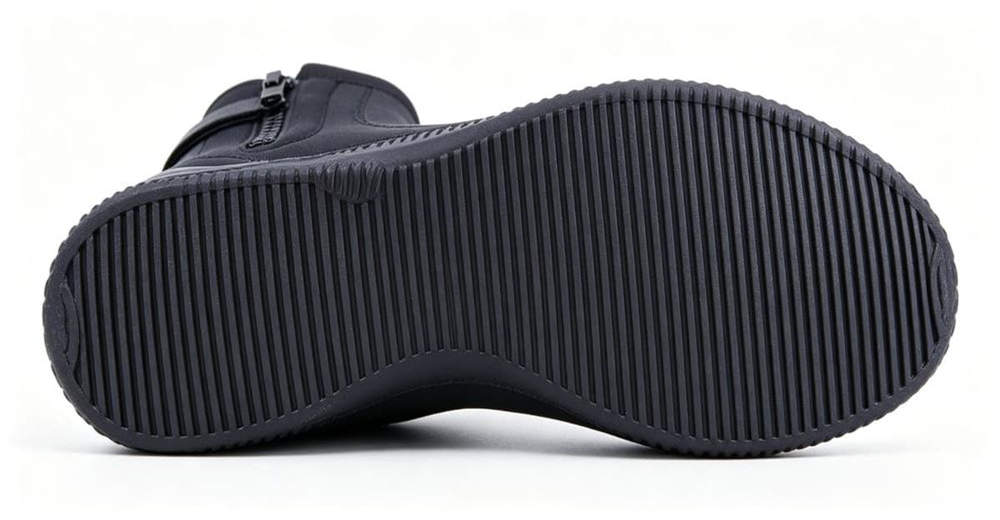 Close-up of deep lug outsole on neoprene wading boots, designed for maximum traction on wet rocky and uneven terrain for professional rescue teams worldwide. Close-up of deep lug outsole on neoprene wading boots, designed for maximum traction on wet rocky and uneven terrain for professional rescue teams worldwide.