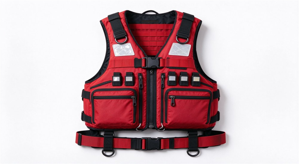 Professional red water rescue life jacket laid flat showing key features multiple pockets quick release buckles D-rings and reflective strips Professional red water rescue life jacket laid flat showing key features multiple pockets quick release buckles D-rings and reflective strips