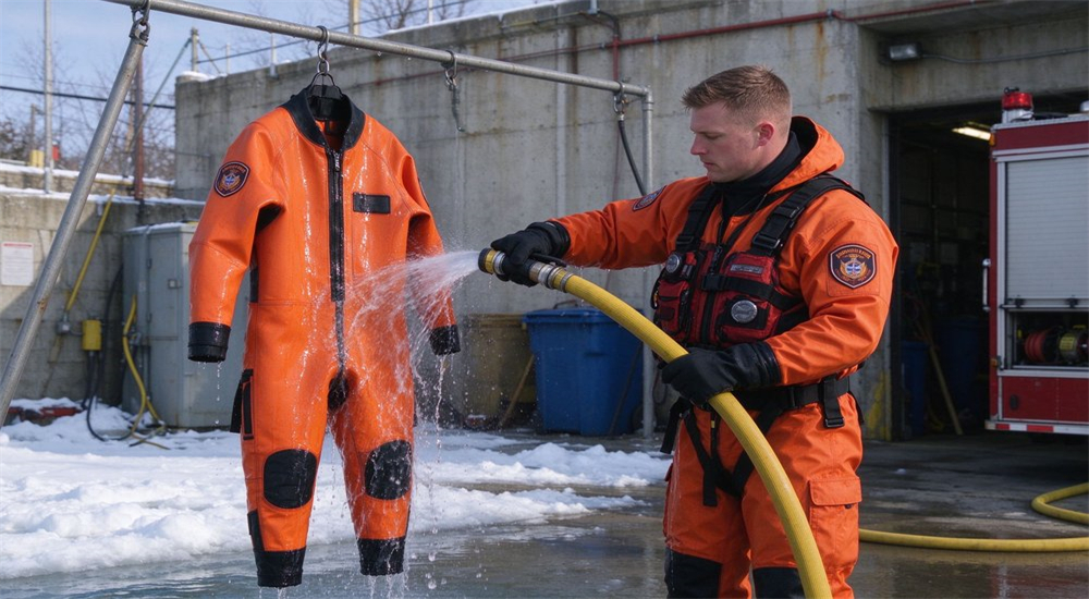Rescuer sprays water on hanging orange dry suit to test its waterproof performance Rescuer sprays water on hanging orange dry suit to test its waterproof performance