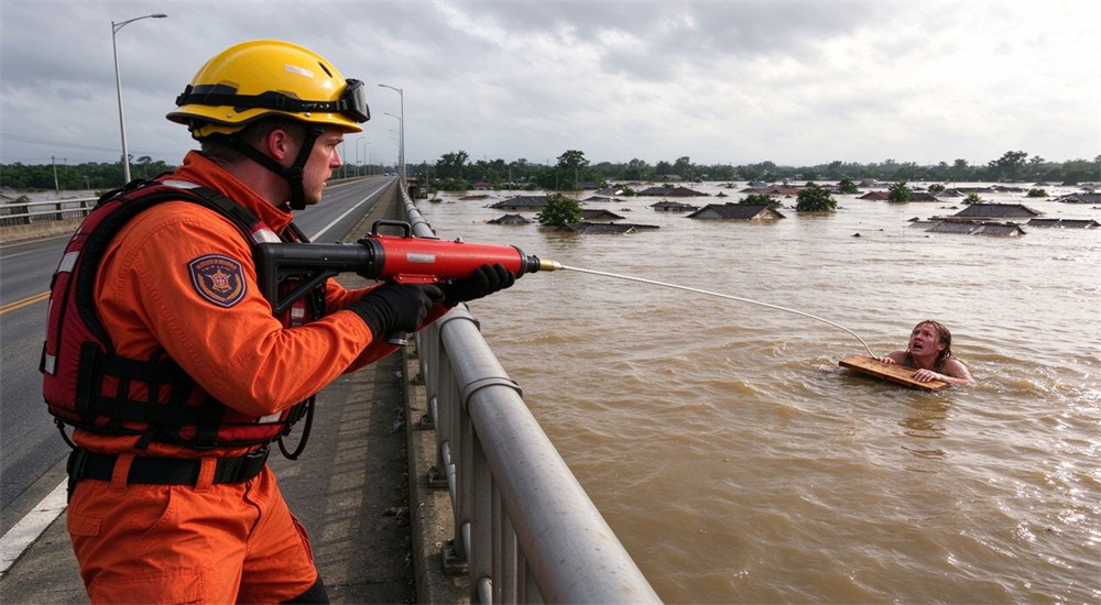 Professional american style anchor hook rescue thrower pneumatic rescue thrower urban flood rescue operation in deep water submerged area, rescuer deploying water rescue equipment for long-distance emergency lifesaving Professional american style anchor hook rescue thrower pneumatic rescue thrower urban flood rescue operation in deep water submerged area, rescuer deploying water rescue equipment for long-distance emergency lifesaving