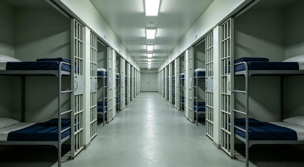 Overhead angle of prison corridor lined with navy correctional bedding dormitory doors, secure institutional facility environment for bedding programs and correctional housing blocks for prison and jail institutional bedding programs from a China manufacturer. Overhead angle of prison corridor lined with navy correctional bedding dormitory doors, secure institutional facility environment for bedding programs and correctional housing blocks for prison and jail institutional bedding programs from a China manufacturer.