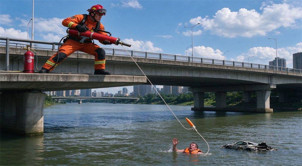 Professional Long-Range Rescue Thrower pneumatic line thrower in real water rescue application scenario, rescuer deploying device to drowning victim during severe urban flood disaster, deep water rescue operation with long-distance rope delivery Professional Long-Range Rescue Thrower pneumatic line thrower in real water rescue application scenario, rescuer deploying device to drowning victim during severe urban flood disaster, deep water rescue operation with long-distance rope delivery