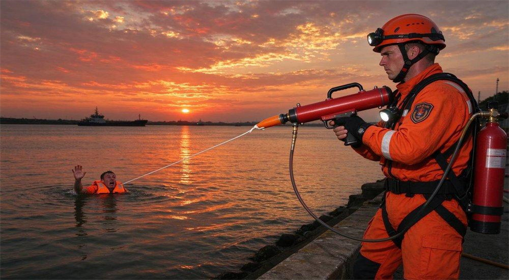 Professional Long-Range Rescue Thrower pneumatic line thrower in real water rescue application scenario, open sea maritime rescue operation with long-range pneumatic line thrower, coast guard team delivering rope to vessel in distress Professional Long-Range Rescue Thrower pneumatic line thrower in real water rescue application scenario, open sea maritime rescue operation with long-range pneumatic line thrower, coast guard team delivering rope to vessel in distress