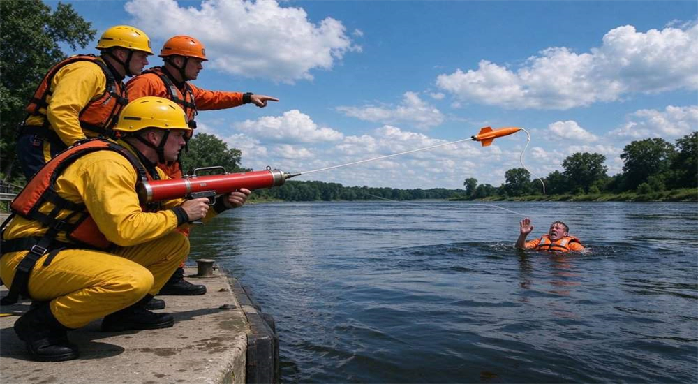 Professional Long-Range Rescue Thrower pneumatic line thrower in real water rescue application scenario, rescue team training drill practicing pneumatic line thrower deployment, three-person crew coordinating rope rescue procedure Professional Long-Range Rescue Thrower pneumatic line thrower in real water rescue application scenario, rescue team training drill practicing pneumatic line thrower deployment, three-person crew coordinating rope rescue procedure