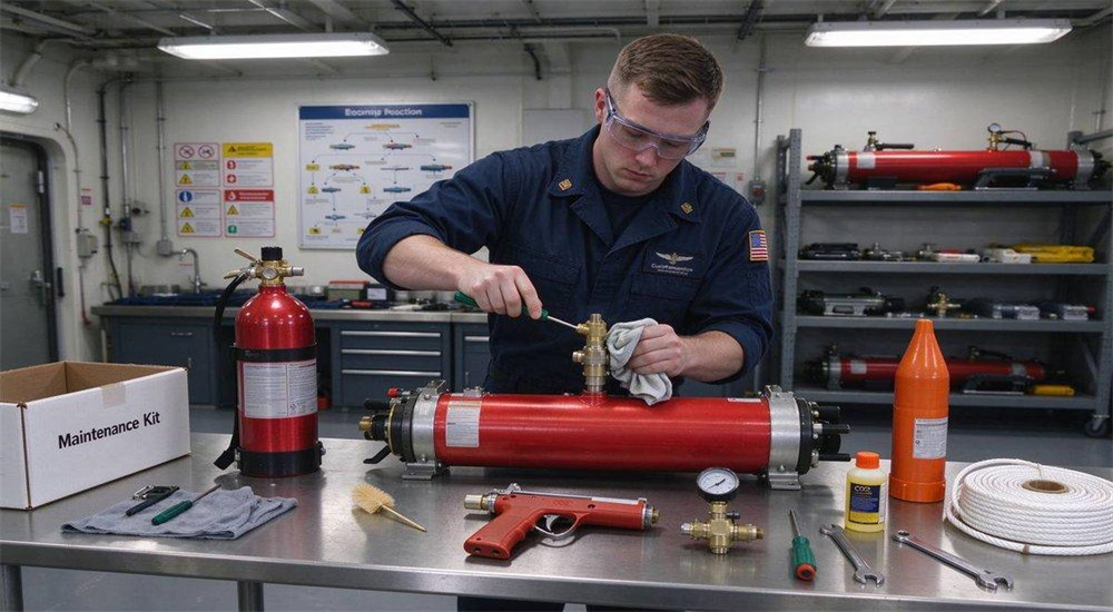 Informational diagram of Long-Range Rescue Thrower pneumatic line thrower, professional maintenance service for pneumatic line thrower in workshop, technician servicing water rescue equipment to ensure reliable emergency performance Informational diagram of Long-Range Rescue Thrower pneumatic line thrower, professional maintenance service for pneumatic line thrower in workshop, technician servicing water rescue equipment to ensure reliable emergency performance