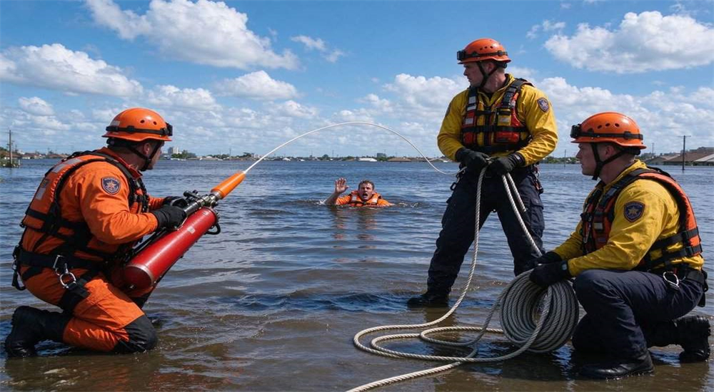 Professional Long-Range Rescue Thrower pneumatic line thrower in real water rescue application scenario, rescuer deploying device to drowning victim during severe urban flood disaster, deep water rescue operation with long-distance rope delivery Professional Long-Range Rescue Thrower pneumatic line thrower in real water rescue application scenario, rescuer deploying device to drowning victim during severe urban flood disaster, deep water rescue operation with long-distance rope delivery