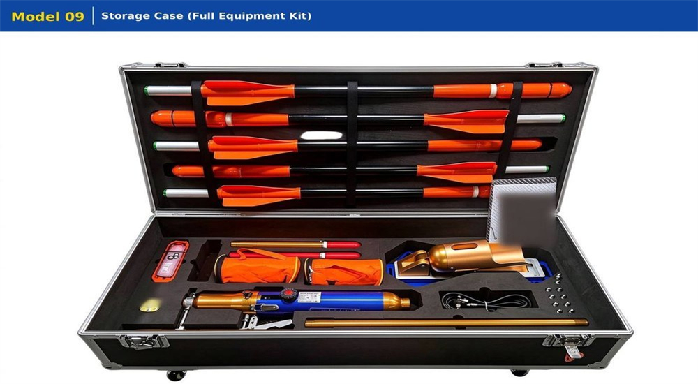 Professional product photo of Portable Rescue Thrower pneumatic line thrower, clean white background studio shot showing complete rescue kit with launcher, projectiles and accessories, professional water rescue equipment Professional product photo of Portable Rescue Thrower pneumatic line thrower, clean white background studio shot showing complete rescue kit with launcher, projectiles and accessories, professional water rescue equipment