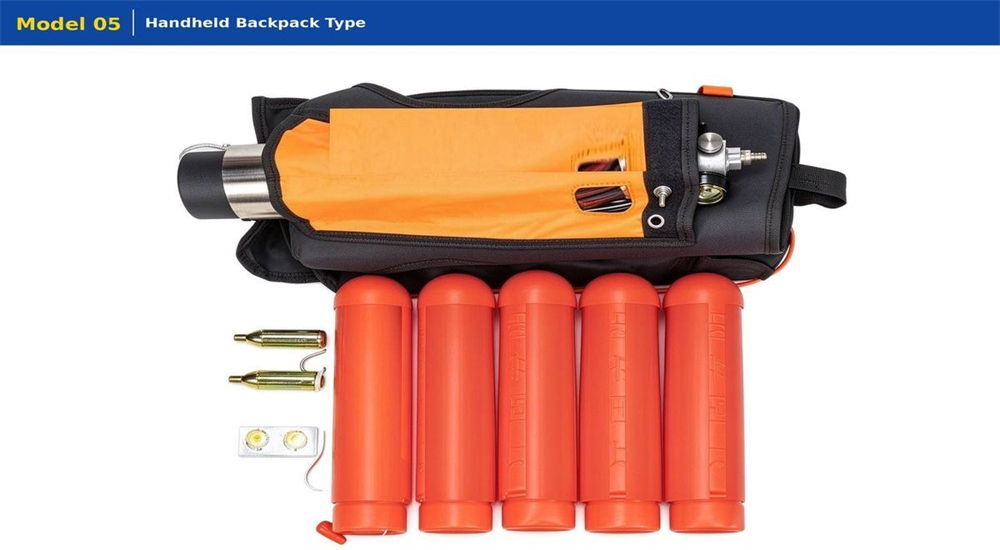 Professional product photo of Water Rescue Rope Thrower pneumatic line thrower, clean white background studio shot showing complete rescue kit with launcher, projectiles and accessories, professional water rescue equipment Professional product photo of Water Rescue Rope Thrower pneumatic line thrower, clean white background studio shot showing complete rescue kit with launcher, projectiles and accessories, professional water rescue equipment